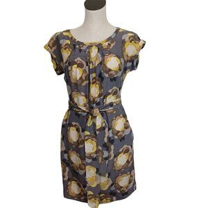 Boden Silk Blend Dress Womens Size 4L Short Sleeve Gray‎ Yellow Floral Print